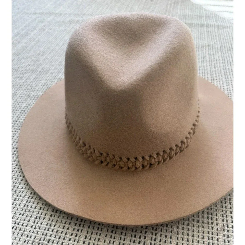 SAKS Fifth Avenue 100% Wool Felt Fedora Hat Tan Braided Band Boho Festival OS